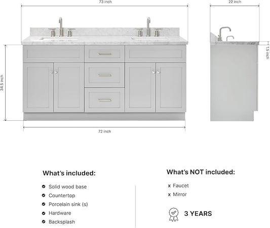 DKB Bradford 72 Inch Bathroom Vanity Double Sink — Grey Bathroom Vanity with Sink, 1.5" Edge Italian Carrara Marble Countertop & Backsplash, 4 Soft-Close Doors, and 3 Dovetail Drawers