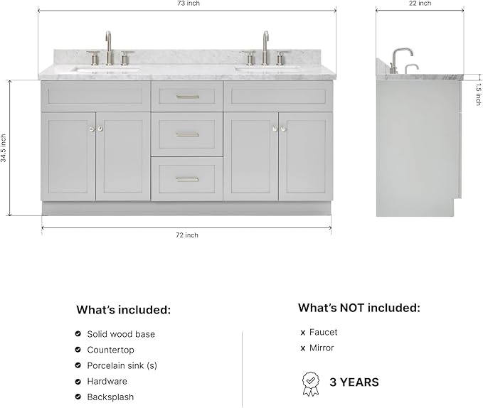 ARIEL Hamlet 72-inch Bathroom Vanity with Sink,Solid Wood, 1.5-inch Italian Carrara Marble Countertop & Backsplash, Double Rectangular Porcelain Sink, 4 Soft Closing Doors, 3 Dovetail Drawers, Grey