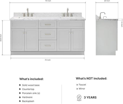 ARIEL Hamlet 72-inch Bathroom Vanity with Sink,Solid Wood, 1.5-inch Italian Carrara Marble Countertop & Backsplash, Double Rectangular Porcelain Sink, 4 Soft Closing Doors, 3 Dovetail Drawers, Grey