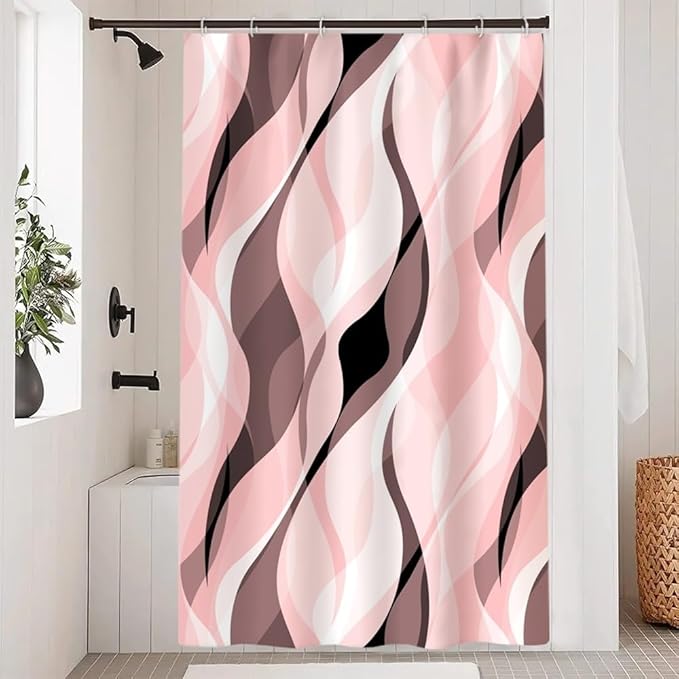 Pink Shower Curtain, Modern Abstract Pink and Grey Striped Shower Curtain Set for Bathroom Waterproof Shower Curtain with Hooks, 48x72 Inch