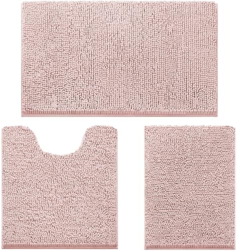 HOMEIDEAS Dusty Pink Chenille Bathroom Rugs Set of 3, Non Slip Bath Mat