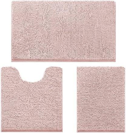 HOMEIDEAS Dusty Pink Chenille Bathroom Rugs Set of 3, Non Slip Bath Mat