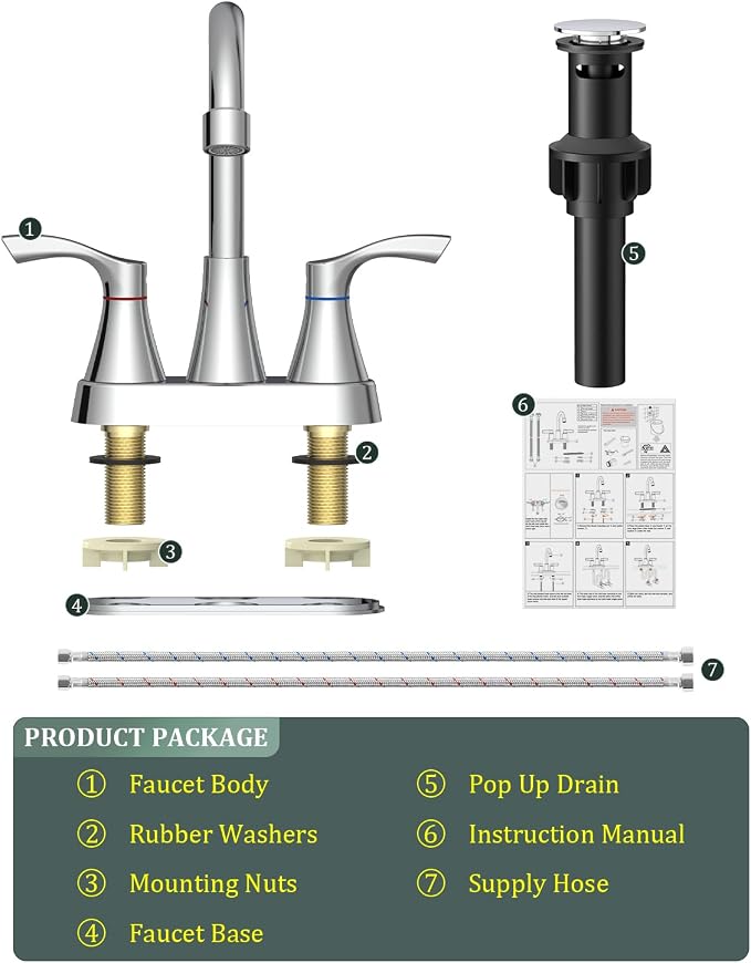 Chrome Bathroom Faucet 3 Hole 4 Inch Bathroom Sink Faucets | Stainless Steel 2 Handle Centerset Faucet for Bathroom Sink Vanity with Pop Up Drain and 4 Supply Hoses by Evolvegoods