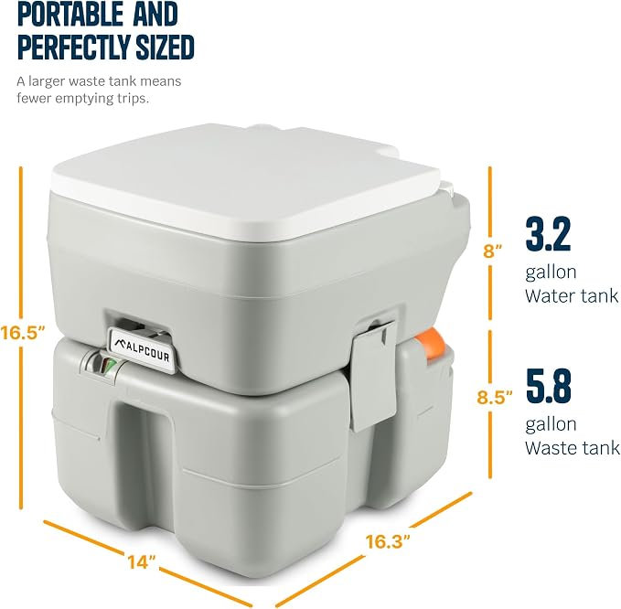 Portable Toilet – Compact Indoor & Outdoor Commode w/Travel Bag for Camping, RV, Boat – Piston Pump Flush, 6 Gallon Waste Tank, Built-In Pour Spout & Washing Sprayer for Easy Cleaning