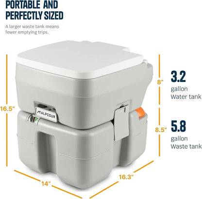 Portable Toilet – Compact Indoor & Outdoor Commode w/Travel Bag for Camping, RV, Boat – Piston Pump Flush, 6 Gallon Waste Tank, Built-In Pour Spout & Washing Sprayer for Easy Cleaning