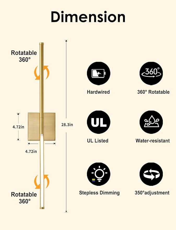 27.8 Inch Hardwired Wall Sconces Set of Two, 3000K Warm White Dimmable Modern Wall Sconces, 350° Rotate LED Light Fixtures Wall Lamp for Bathroom Living Room Bedroom Bedside, Brushed Brass