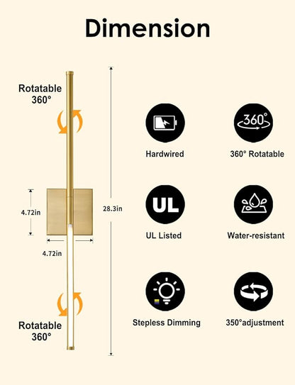27.8 Inch Hardwired Wall Sconces Set of Two, 3000K Warm White Dimmable Modern Wall Sconces, 350° Rotate LED Light Fixtures Wall Lamp for Bathroom Living Room Bedroom Bedside, Brushed Brass