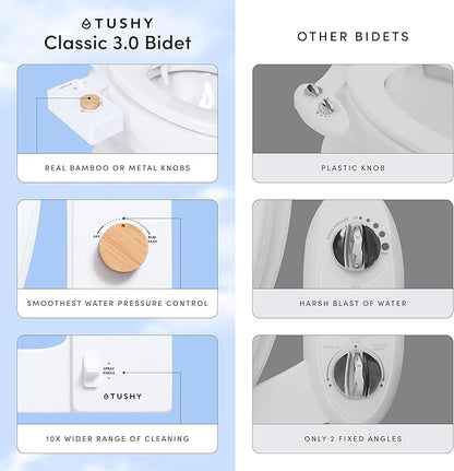 TUSHY Classic 3.0 Bidet Toilet Seat Attachment - A Non-Electric Self Cleaning Water Sprayer with Adjustable Water Pressure Nozzle, Angle Control & Easy Home Installation (Brushed Nickel)
