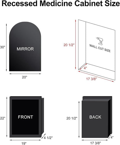 Recessed Medicine Cabinet for Bathroom,Brushed Gold Arched Medicine Cabinet with Mirror,Arch Mirrored Medicine Cabinets Recessed,Bathroom Mirror with Storage,Open from Left to Right 20x30