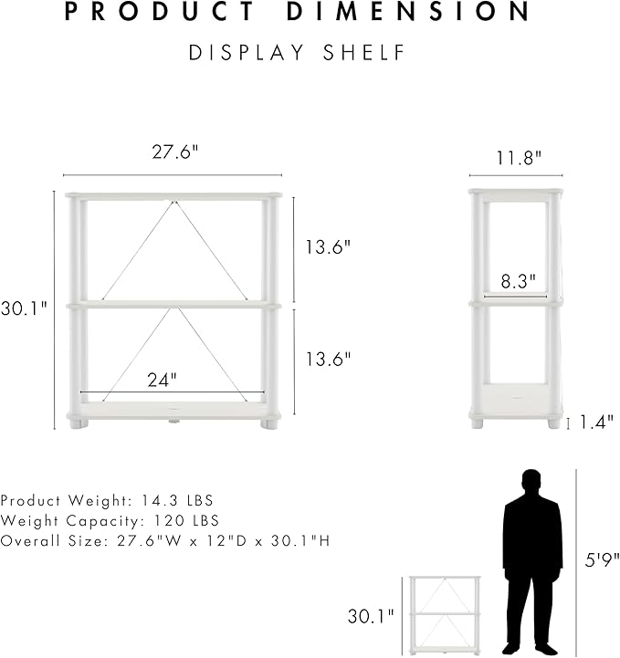 Homes: Inside + Out Apexa Modern 3-Tier Wide Shelving Units, Collectibles Display Shelves, Easy Assembly Standing Shelf, Home Storage Organizer for Living Room, Bedroom, Office, White