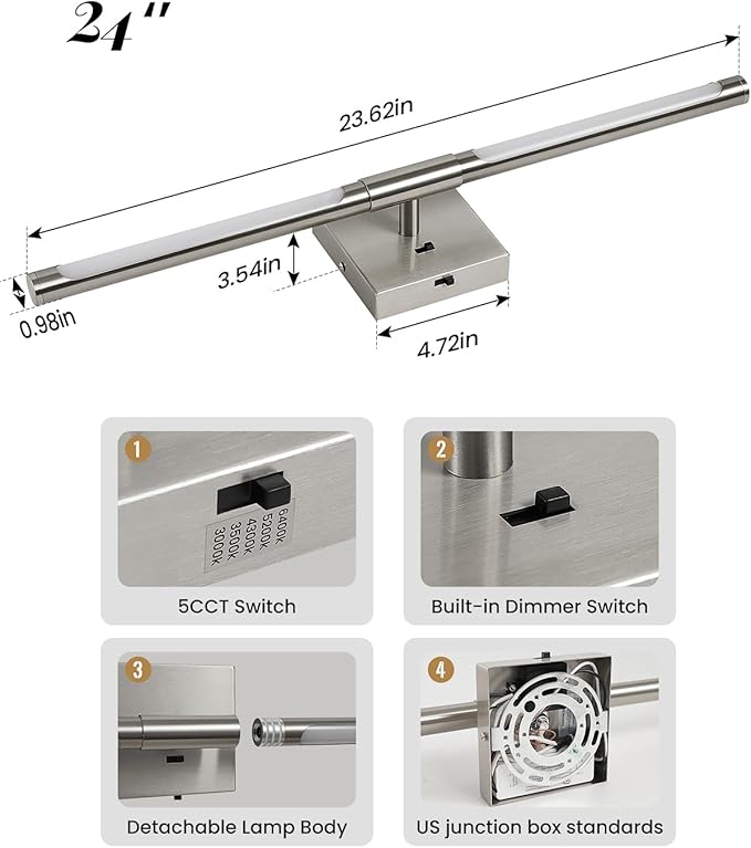 Brushed Nickel Vanity Light Fixtures for Bathroom Over Mirror 24 inch LED Bath Sconces IP44 5CCT Adjustable Morden Picture Lights for Paintings (Built-in Dimmer)