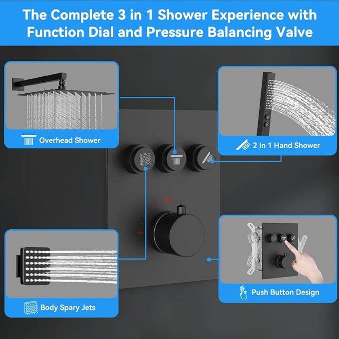Shower System with Body Jets, STARBATH 12" Rain Shower with 2 in 1 Handheld and 4 Body Jets, Can Use All at Once, Push Button Thermostatic Valve and Trim Kit Complete Shower Faucets Sets, Matte Black