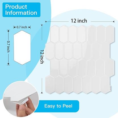 Art3d Hexagon Tile Peel and Stick Backsplash, 10-Pack, 12 x 12 Inch, White | Superior Thickness, Reliable Adhesion, Warp Resistant, Minimalist Style, Easy to Install, for Kitchen Countertops, Bedroom