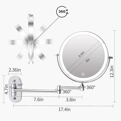 FUNTOUCH 5000mAh Rechargeable Wall Mounted Lighted Makeup Mirror 1X30X | Double Sided 1X 30X Magnifying, 3 Color Lighting, Touch Screen Dimming, Extended Arm 360 Rotation Shaving Bathroom Mirror