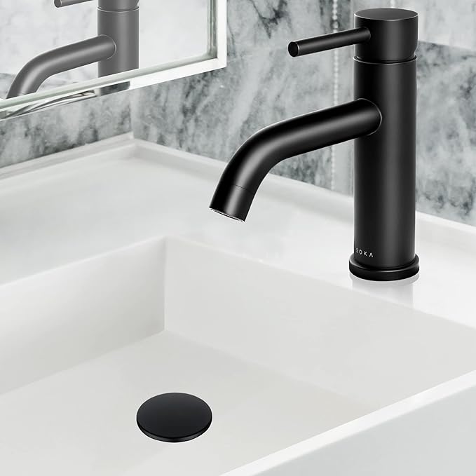 Bathroom Sink Faucet Single Handle Stainless Steel Lavatory Commercial Bathroom Faucet Bathtub Vanity Faucets with Deck Plate & Pop-Up Drain Assembly Fit for 1 & 3 Hole, Matte Black