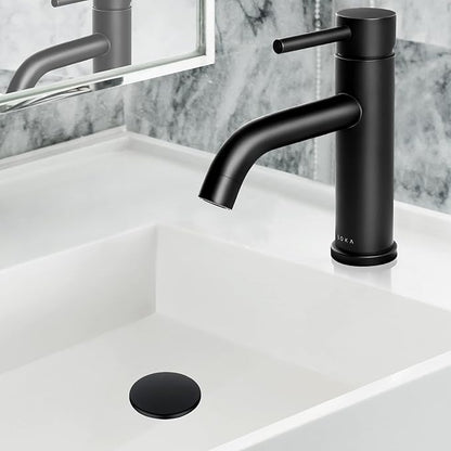 Bathroom Sink Faucet Single Handle Stainless Steel Lavatory Commercial Bathroom Faucet Bathtub Vanity Faucets with Deck Plate & Pop-Up Drain Assembly Fit for 1 & 3 Hole, Matte Black