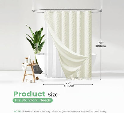 Dynamene Cream Boho Shower Curtain and Liner Set, Farmhouse Fabric Shower Curtain and Waterproof Clear Liner, Tufted Chevron Striped Textured Tassel Shower Curtains for Bathroom with 12 Hooks, 72x72