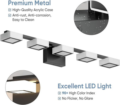 LED Modern Bathroom Light Fixtures Over Mirror, 5-Light Dimmable Vanity Lights, Matte Black Acrylic Bathroom Vanity Light, 2700K-6500K Adjustable, ETL Certificated