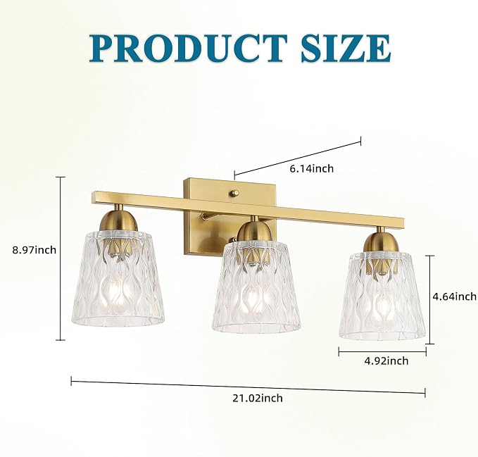 Mecgirn Stainless Steel Bathroom Vanity Light Over Mirror, 3 Light Brushed Gold Bathroom Light Fixtures with Textured Glass Shades, Modern Vanity Lighting Wall Mount