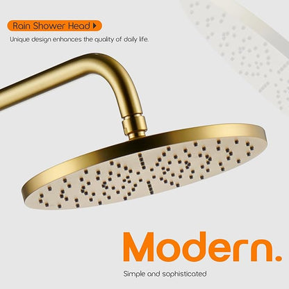 Rainhead Waterfall Shower Head 10-Inch Large Bathroom Overhead Fixed Showerhead High Pressure 2.5 GPM with Adjustable Angle, Gold SH001GD-D10