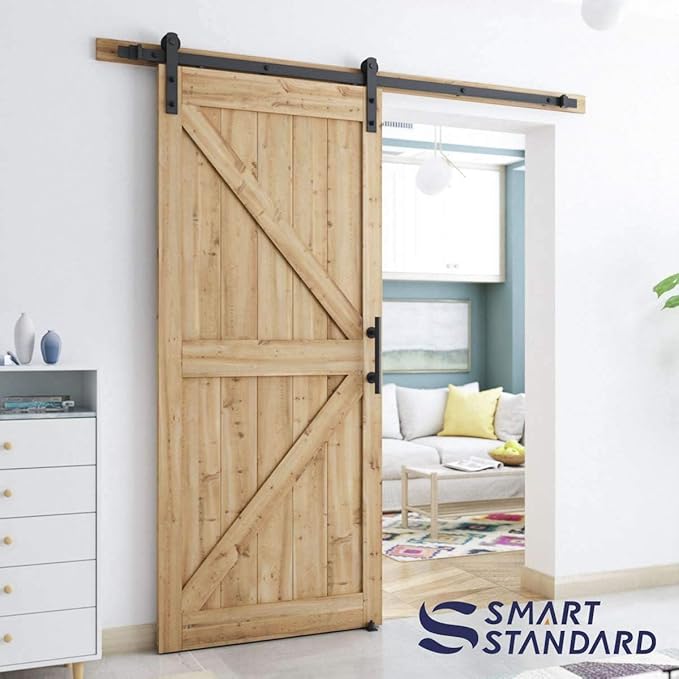 SMARTSTANDARD 6.8 FT Heavy Duty Sturdy Sliding Barn Door Hardware Kit, Black, (Whole Set Includes 1x Pull Handle Set & 1x Floor Guide) Fit 36"-40" Wide Door Panel (I Shape Hanger)
