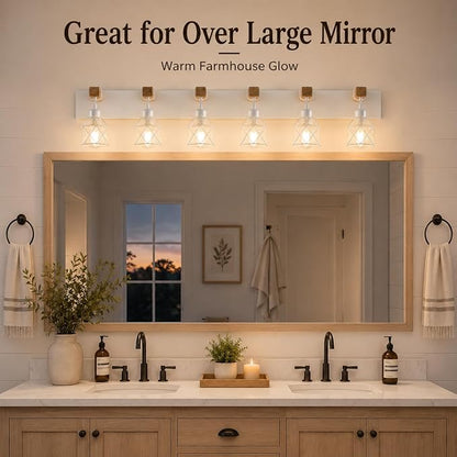 Farmhouse Vanity Light Fixture,6-Light Bathroom Lighting,White Modern Wood Wall Light Over Mirror with Metal Shade,LED Bulbs Not Included