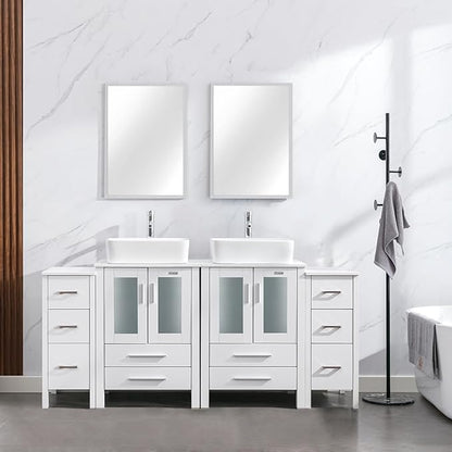 eclife 72" Modern Bathroom Vanity Sink Combo Freestanding Cabinet with Small Side Cabinet, White Rectangle Ceramic Vessel Sink, Water Save Faucet, Drain (White+T03)