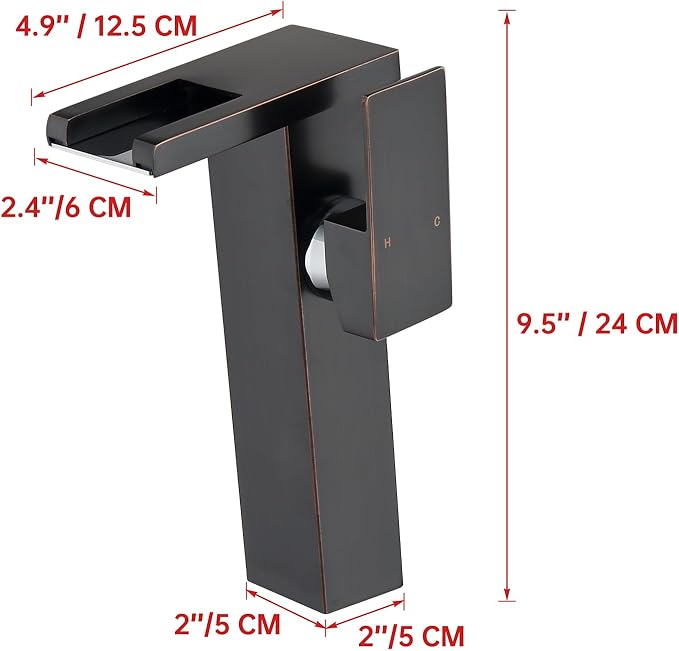 LED Waterfall Bathroom Sink Faucet, 3 Colors Spout Faucet with Water Supply Hose, Single Handle Single Hole Slanted Body Brass Mixer Vanity Sink Tap (Oil Rubbed Bronze