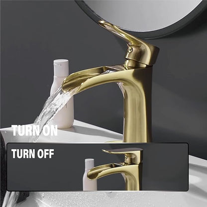 Yundoom Brushed Gold Bathroom Faucet - Single Hole Or 3 Hole, Farmhouse Rv Brass, Waterfall Design, 4 Inch Deck Plate