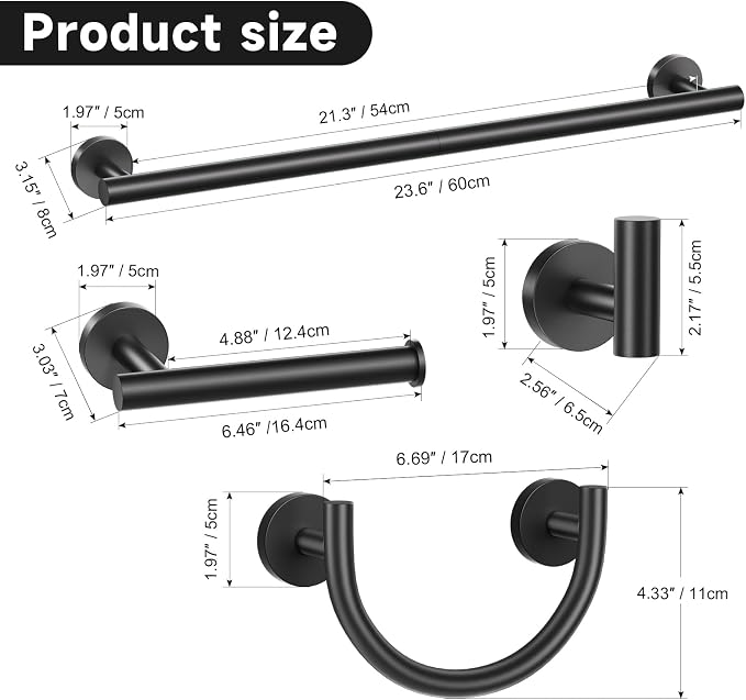 Matte Black Towel Bar Set, 5-Piece Bathroom Hardware Set with Smiley Face Towel Rings, Stainless Steel Wall-Mounted Towel Rack Set 23.6 Inch