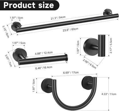 Matte Black Towel Bar Set, 5-Piece Bathroom Hardware Set with Smiley Face Towel Rings, Stainless Steel Wall-Mounted Towel Rack Set 23.6 Inch