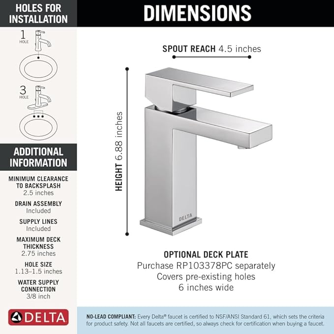 Delta Modern Matte Black Bathroom Faucet 1 Hole, Single Hole Bathroom Sink Faucet for Vanity, Metal Push-Pop Drain Assembly, Chrome 567LF-PP