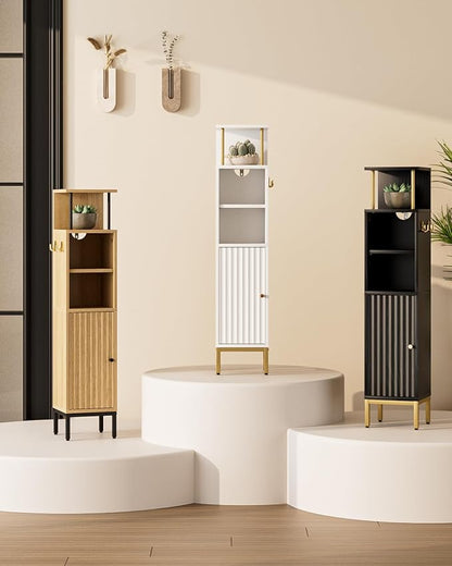Bathroom Storage Cabinet,Small Corner Floor Cabinet with 2 Hook,Narrow Tall Toilet Paper Cabinet with Adjustable Shelves,Bathroom Organizer for Living Room,Small Spaces (Wave, Oak-37''H)