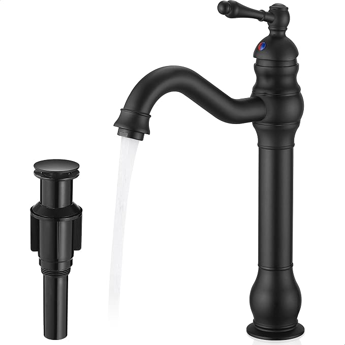 Matte Black Bathroom Faucet, Brass Tall Bathroom Sink Faucet Single Handle, 360 Degree Swivel Vessel Faucet, Bathroom Faucets One Hole with Aerator & Supply Hoses for Shopping Malls Saving Water