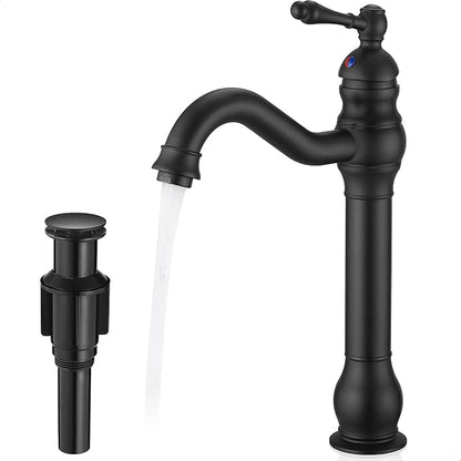 Matte Black Bathroom Faucet, Brass Tall Bathroom Sink Faucet Single Handle, 360 Degree Swivel Vessel Faucet, Bathroom Faucets One Hole with Aerator & Supply Hoses for Shopping Malls Saving Water