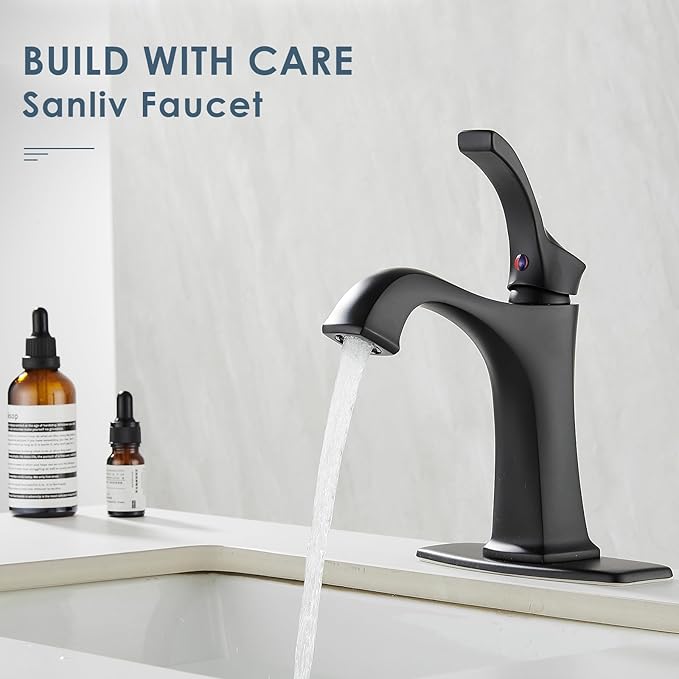 Matte Black Bathroom Faucet 1 Hole, Sanliv Single Handle Bathroom Sink Faucet, Modern Black Vanity Faucet with Deckplate & Pop-Up Drain for One or 3-Hole Farmhouse Sinks