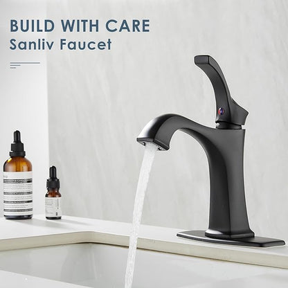 Matte Black Bathroom Faucet 1 Hole, Sanliv Single Handle Bathroom Sink Faucet, Modern Black Vanity Faucet with Deckplate & Pop-Up Drain for One or 3-Hole Farmhouse Sinks