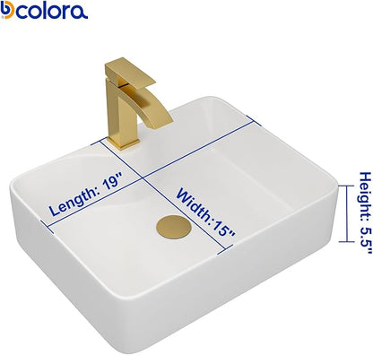 Dcolora 19 In. White Vessel Sink for Bathroom, Rectangular Above Counter Porcelain Ceramic Sink with Gold Accessories, 15"D x 19"W x 5"H #DC-SFDOE00087