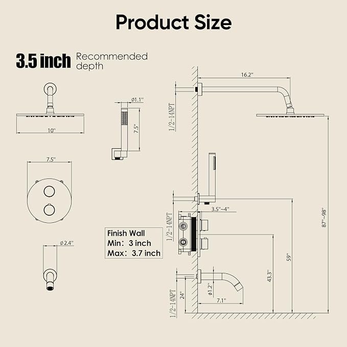Gabrylly 10" Thermostatic Shower Faucets Set with Tub Spout, Matte Black | All Metal Shower System, Rain Shower Head with Handheld Spray Combo, Luxury Bathroom Rainfall Shower Head Set With Valve