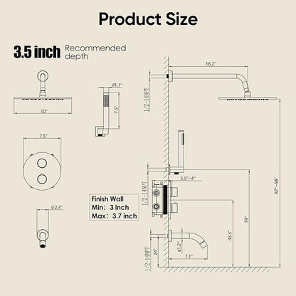 Gabrylly 10" Thermostatic Shower Faucets Set with Tub Spout, Matte Black | All Metal Shower System, Rain Shower Head with Handheld Spray Combo, Luxury Bathroom Rainfall Shower Head Set With Valve
