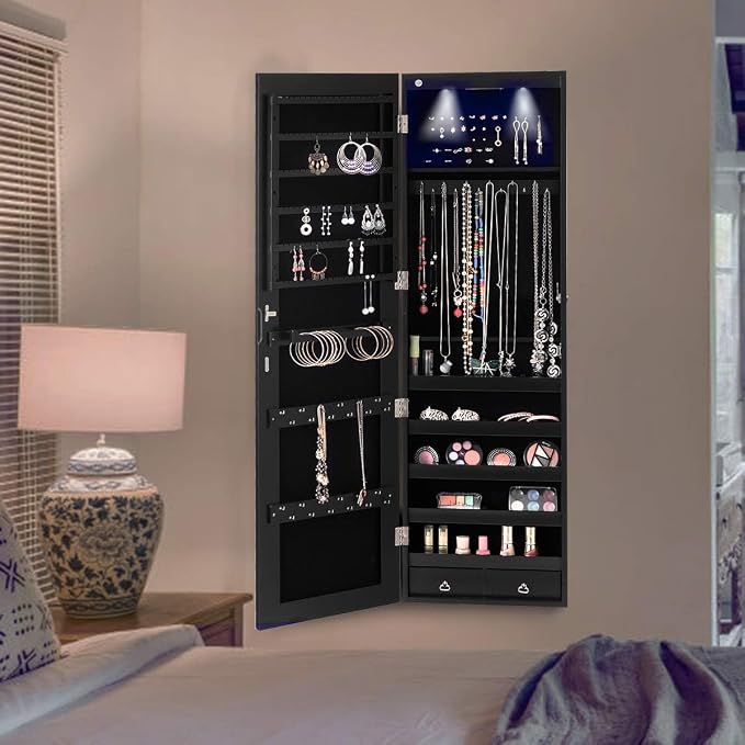Moccha Wall Door Jewelry Armoire, Full Screen Jewelry Cabinet for Bedroom, Lockable Jewelry Cabinet, Jewelry Organizer Storage with 2 LED Lights and 2 Drawers, Black