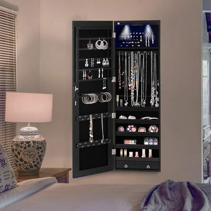 Moccha Wall Door Jewelry Armoire, Full Screen Jewelry Cabinet for Bedroom, Lockable Jewelry Cabinet, Jewelry Organizer Storage with 2 LED Lights and 2 Drawers, Black