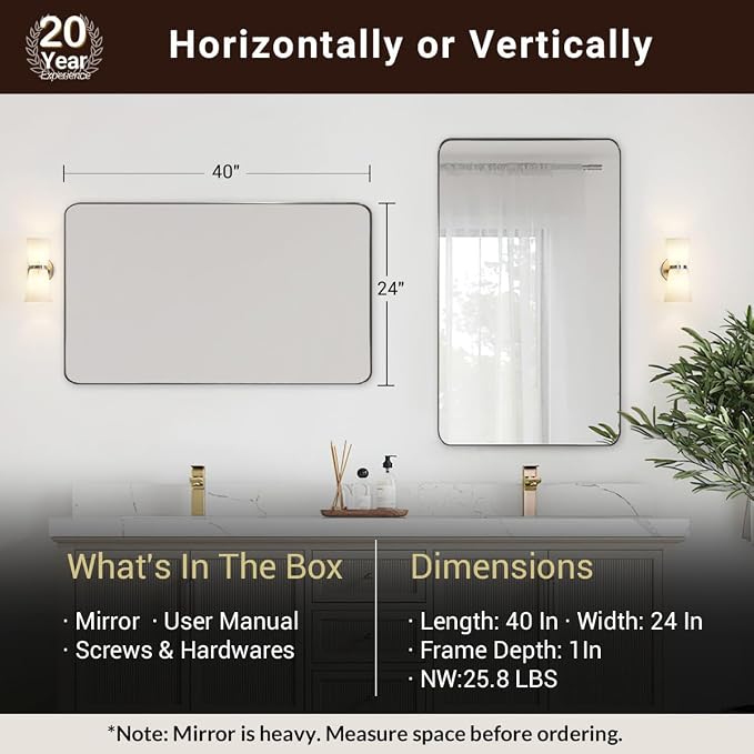 Brushed Nickel Bathroom Mirror, 24”x40” Rounded Corner Rectangle Mirror, Modern Metal Frame Bathroom Vanity Mirror