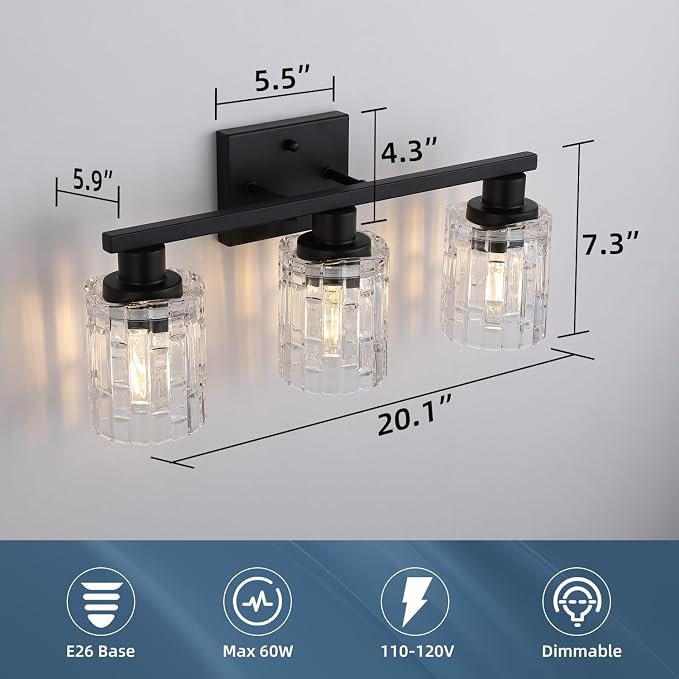 3 Light Matte Black Bathroom Vanity Light Over Mirror, Modern Vanity Lighting with Crystal Glass Shade, Wall Mount Bathroom Light Fixtures, E26 Base