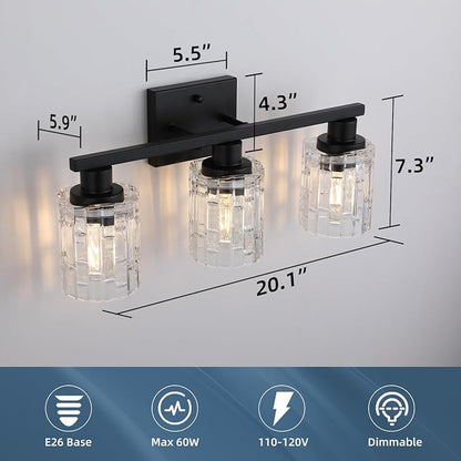 3 Light Matte Black Bathroom Vanity Light Over Mirror, Modern Vanity Lighting with Crystal Glass Shade, Wall Mount Bathroom Light Fixtures, E26 Base