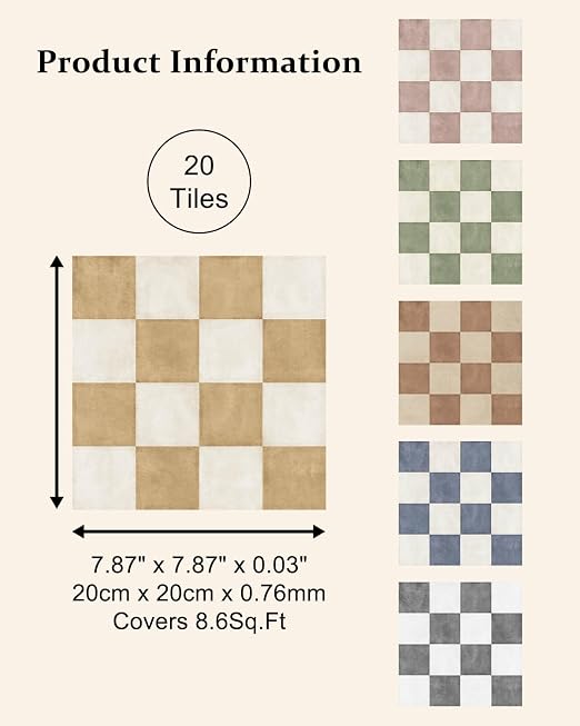 Peel and Stick Floor Tile, Checkered Vinyl Flooring Waterproof, Snap-proof DIY Flooring Tiles for Bathroom, Kitchen, Fireplace, Wall, Backsplash, No residue, 20 Tiles-7.87" Thin Version, Yellow