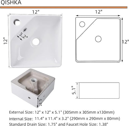 Wall Mount Corner Bathroom Sink, QISHKA 12" X 12" Square Floating Ceramic Wash Hand Basin Small White Wall Mount Vanity Sink with Single Faucet Hole and Overflow