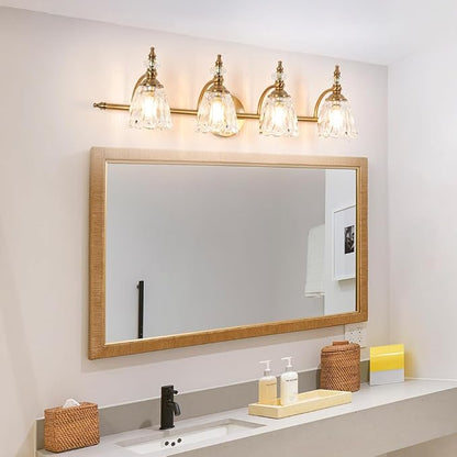 Brushed Antigue Brass Bathroom Light Fixtures 4 Lights, Antique Brass Vanity Light, Vanity Light Over Mirror, Vintage Bathroom Light with Clear Flower Glass, Lights for Wall Interior Hallway