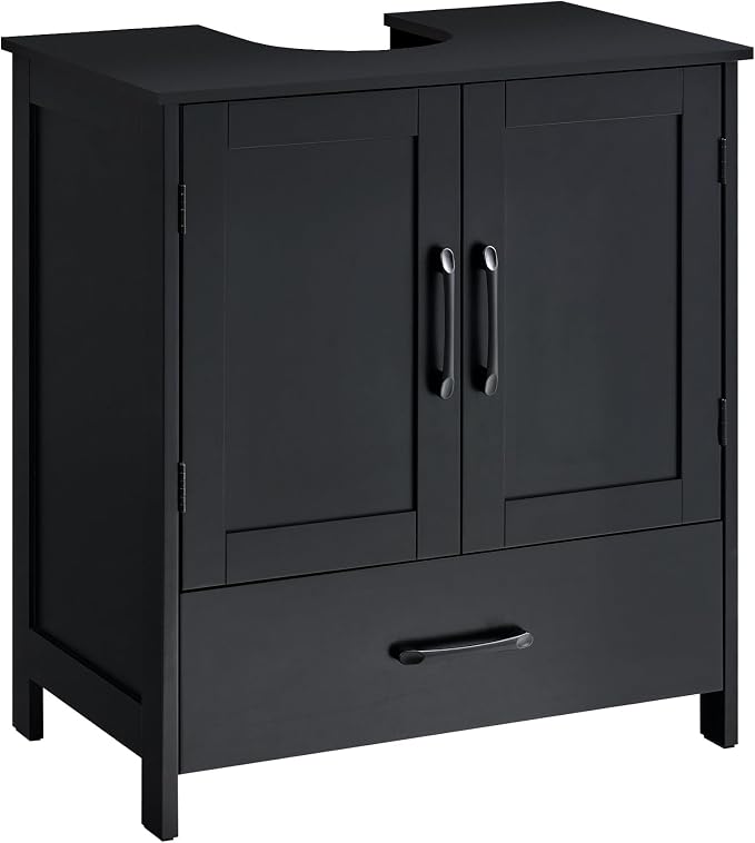 Bathroom Vanity Sink Cabinet, Under Sink Storage Cabinet with 2 Doors, Waterproof Pedestal Sink Cabinet for Bathroom, Laundry Room, Kitchen, Black with Drawer