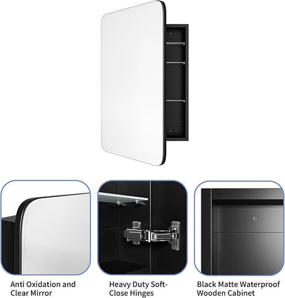 Vintage-Style Bathroom Wood Black Cabinet with 17.5''x29'' Curved Mirror, Recessed Medicine Cabinet, Bathroom Storage Cabinet